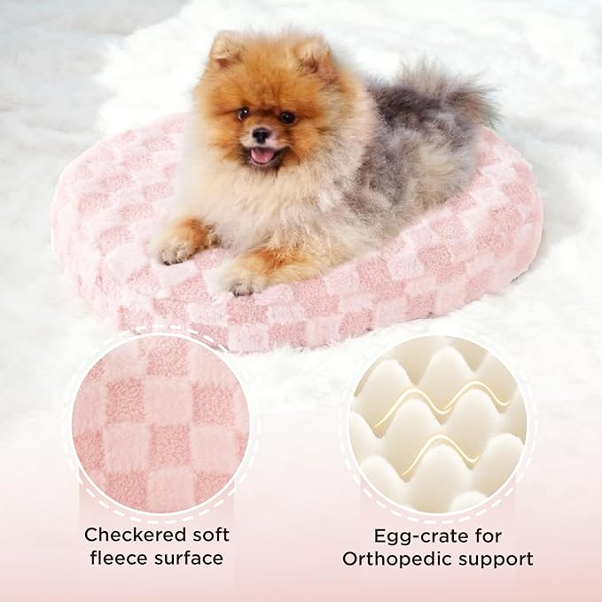 Joydeco Cloud Dog Bed for Small Dogs & Cats, Washable Pet Bed with Orthopedic Foam and Removable Checkered Plush Pad, Non-Slip Bottom for Indoor Puppies and Kittens, 27x24 Inch, Pink
