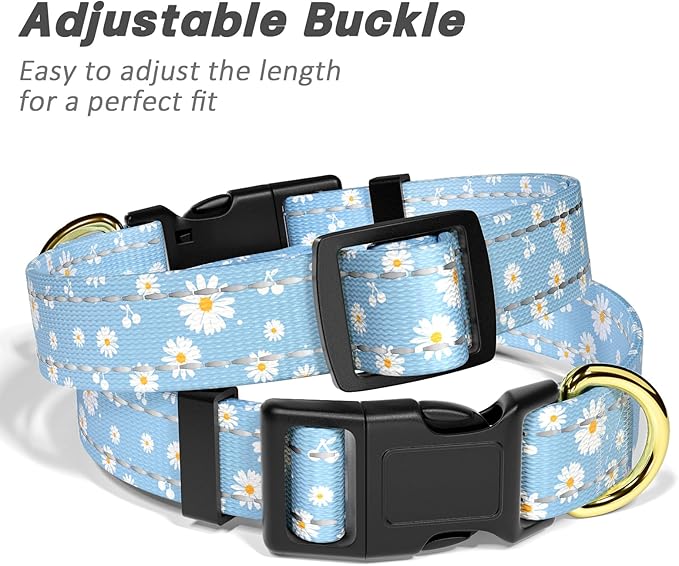 Reflective Dog Collar for Extra Small Dogs, Cute Daisy Theme Adjustable Heavy-Duty Nylon Puppy Collar for Boy and Girl Female, Soft Pet Accessories with Quick Release Buckle, Neck 8-12", Blue