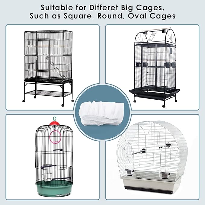 Bissap Bird Cage Seed Catcher, 90-118‘’ Universal Birdcage Net Nylon 31.8'' H Adjustable Elastic Band Stretchy Skirts Mesh Cover for Parrot Cage Seed Guard (Not Include Birdcage)- White
