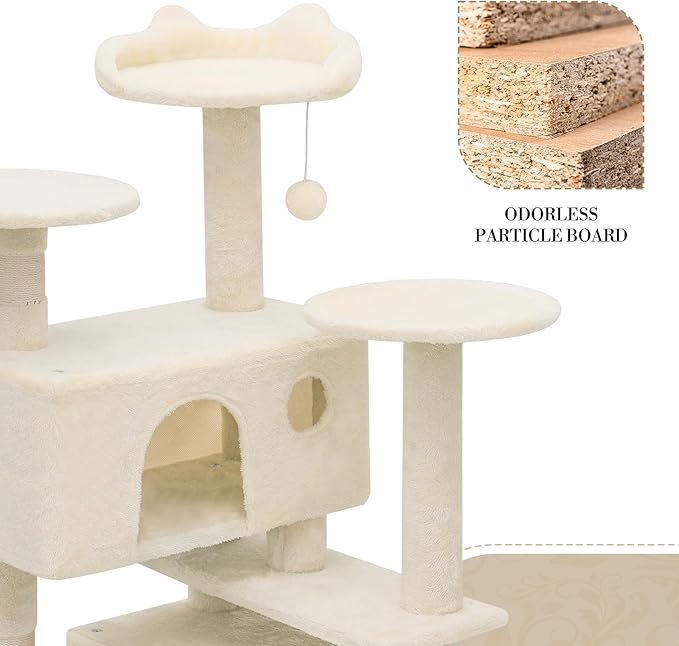 Athena Collection Multi-Level Cat Tree Center with 2 Cat Condo & Scratching Post & Dangling Ball, 54 Inch Tall Cat Tower, Beige
