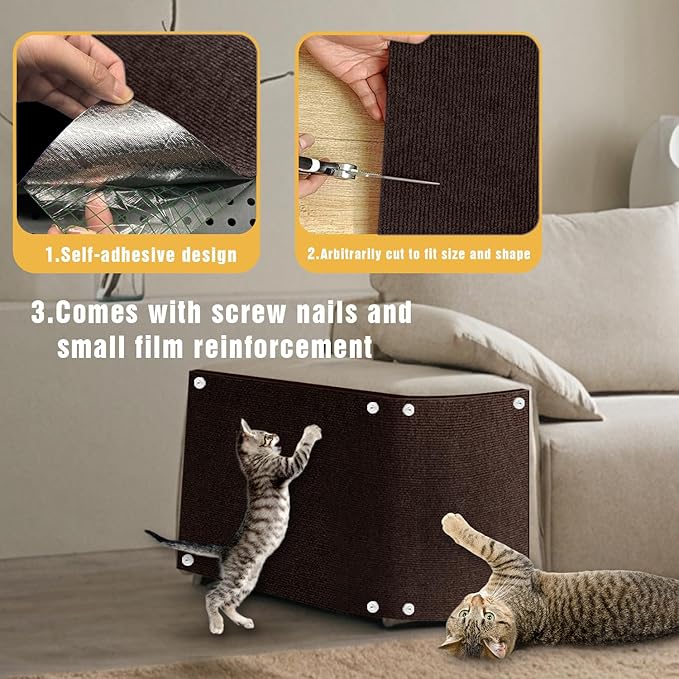 Cat Scratch Mat, 3PCS 39.4"x11.9" DIY Trimmable Self-Adhesive Cats Scratching Mat, Couch Protector from Cats Claw, Cat Scratch Furniture Protector Or Couch Protector (Brown)
