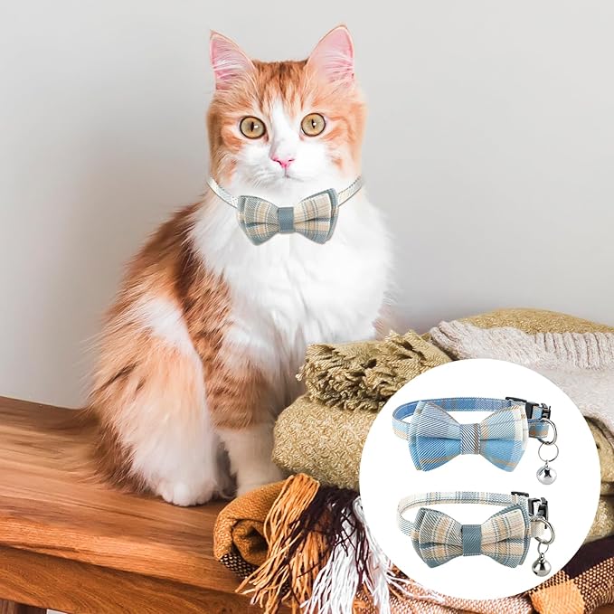 Jeffdad 2Pcs Cat Collar Breakaway, Cat Collar with Bells Bowtie Plaid Cat Collar Adjustable for Kitten Puppy and Small Pets (Blue and White Plaid)