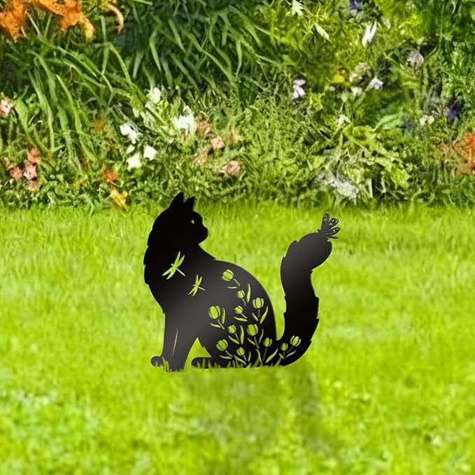 Bnesi Floral Long-Haired Cat Yard Decor Pet Grave Markers Metal Sign Silhouette Garden Ornament Pet Grave Markers Outdoor Cat Memorial Gift Flowerbed Decor (Elegant)