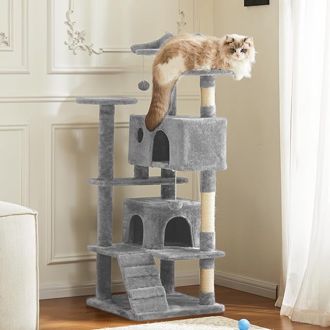 Sweetcrispy 54 Inch Cat Tree Tower, Multi-Level Tower with Cat Scratching Post, Indoor Cat Condo with Climbing Ladder, Plush Toy, Play House for Cat, Light Grey