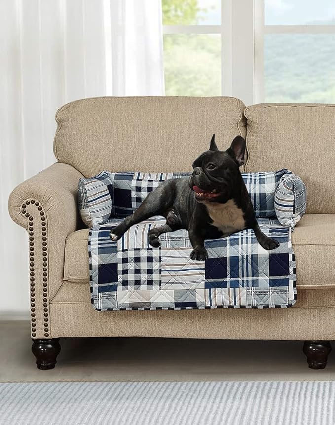 Brilliant Sunshine Quilted Calming Dog Bed Mat, Removable Washable Cover, Cushion Protector and Couch Covers for Dogs, Pets, Cats, Medium, Blue Plaids and Stripes Patchwork