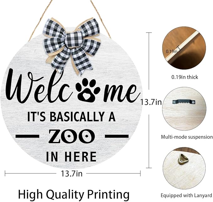 Welcome It's Basically a Zoo in Here Sign,Funny Pet Front Door Sign,Welcome Zoo Wooden Hanging Wall Plaque for Porch Outdoor Pet Lover Owner Gift,Dog Signs for Home Decor,13.7''×13.7''