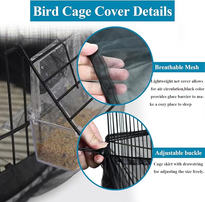 ASOCEA Large Bird Cage Seed Cather,Bird Cage Cover Adjustable Soft Airy Skirt Guard Birdcage Nylon Mesh Net for Parrot Parakeet Macaw African Round Square Cages Cover (118 * 31.5in/300 * 80cm) (Black)