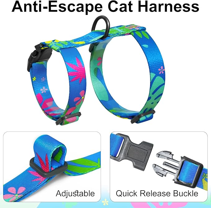 Cat Harness and Leash Set with Matching Collar – Escape Proof Harness for Cats, Adjustable & Lightweight, Tropical Hawaiian Leaf Print, Easy Wear for Outdoor Walking & Training