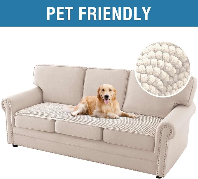 H.VERSAILTEX Plush Chenille Couch Cover for 3 Cushion Couch Anti Slip Washable Sofa Slipcovers Soft and Durable Furniture Protector for Dogs Cats Kids (27.5" x 71", Ivory)