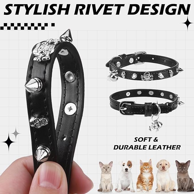 EXPAWLORER Cat Collar for Girl Boy Cats- Adjustable Leather Pet Collar with Safety Elastic Belt,Personalized Punk Accessories Buckle Collars with Bell & Durable D-Ring, Rivet (Black)