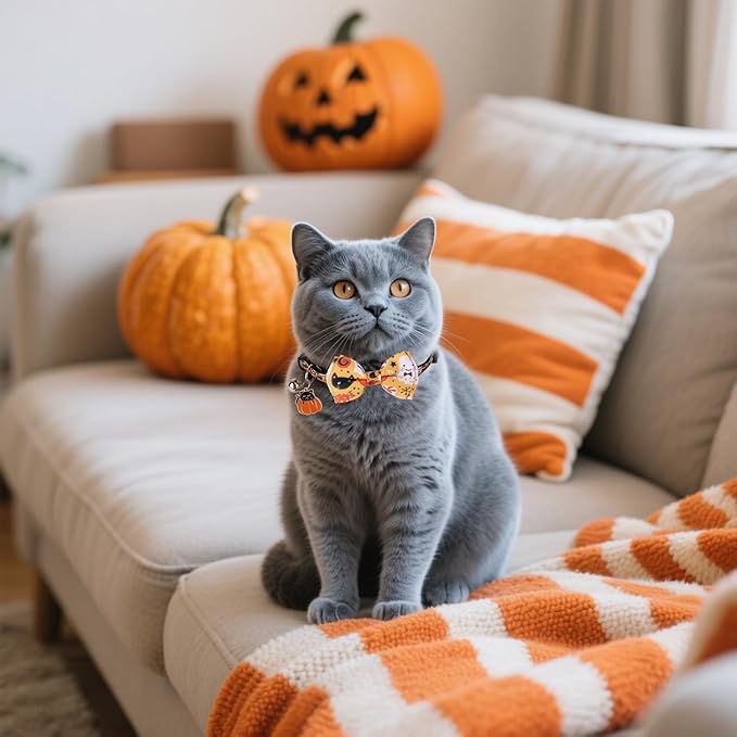 ADOGGYGO Halloween Cat Collars with Bow Bell, Orange Purple Pumpkin Bowtie, Breakaway Halloween Collars for Cats Kittens