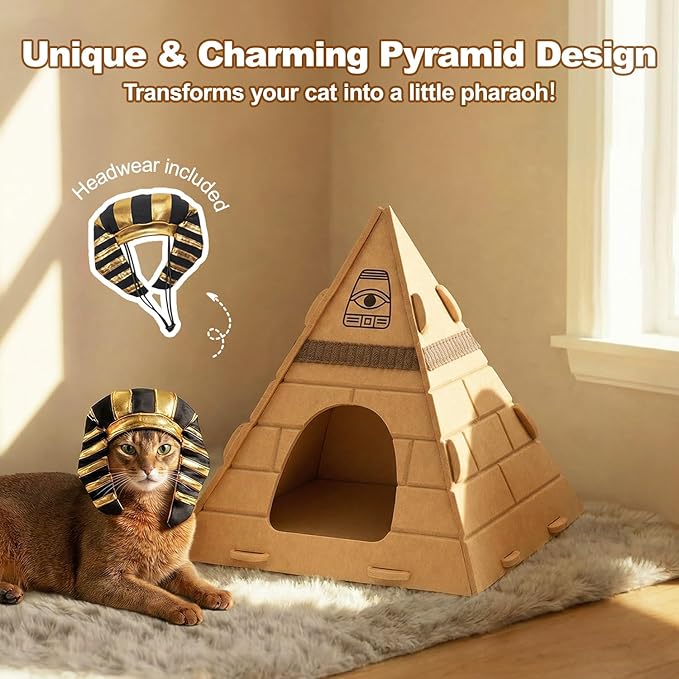 Cat House for Indoor Cats, Scratch-Resistant Cat Cave, Felt Cat Hideaway with Pharaoh Headdress, 17x17x20