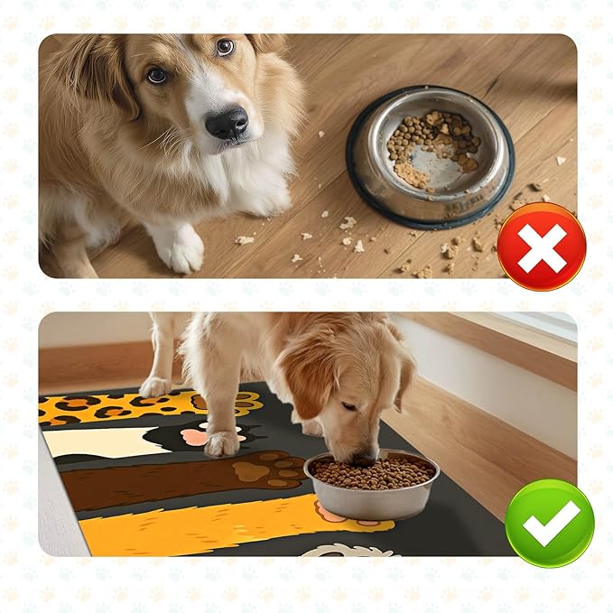 Cute Animal Paw Print Cat Food Mat Easy Clean Fast Dry Pet Feeding Mat for Pets Feeding Area Kitchen Floor Funning Pet Mat for Dog Food and Water Bowls 24" x 16"