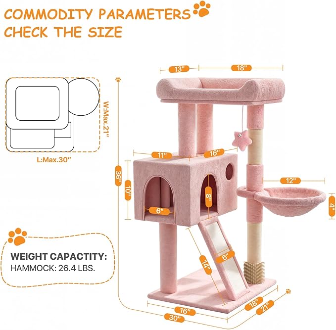 36-Inch Cat Tree for Small Cats, Multi-Level Cat Tower with Scratching Posts, Hammock, Cozy Condo & Scratching Board, Soft Pink Cat Furniture for Indoor Use
