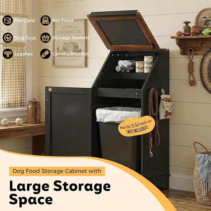 Dog Food Feeding Station with Storage, Pet Food Storage Cabinet with Bowls and Flip-Top Blackboard, Hidden Trash Can, Pet Organizer Cabinet for Dog and Cat, Black