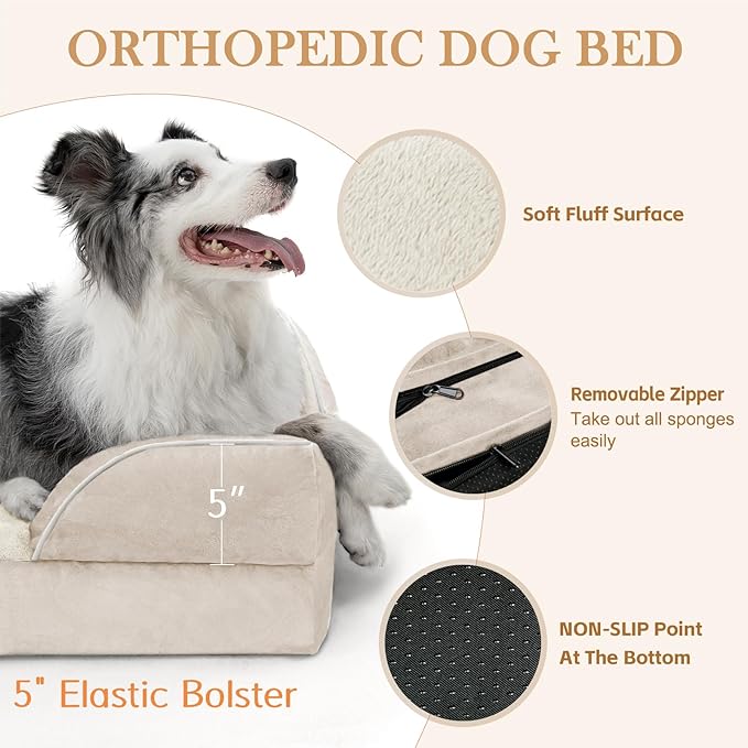 Comfort Expression Orthopedic Dog Bed for Extra Large Dogs 45x35 Inch, Waterproof Supportive Egg Crate Foam XL Pet Bed with Removable Bolsters, Dog Couch with Washable Cover & Non-Slip Bottom, Beige