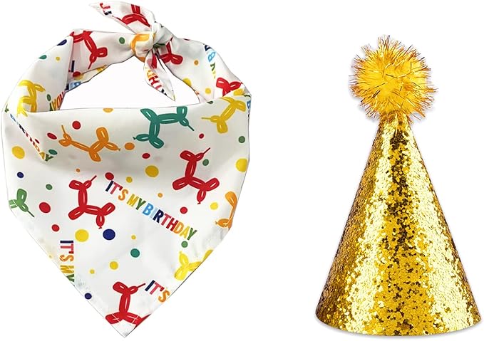 Dog Birthday Hat and Bandana for Boy/Girl Pet Party Supplies - Scarf for Small, Medium, Large Dogs (Gold)