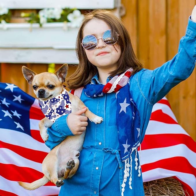 4th of July Dog Bandanas, 2 Pack Reversible USA Patriotic Bandana for Boy and Girl, Premium Durable Fabric, American Flag Pet Scarf for Small Medium Large and Extra Large Dogs