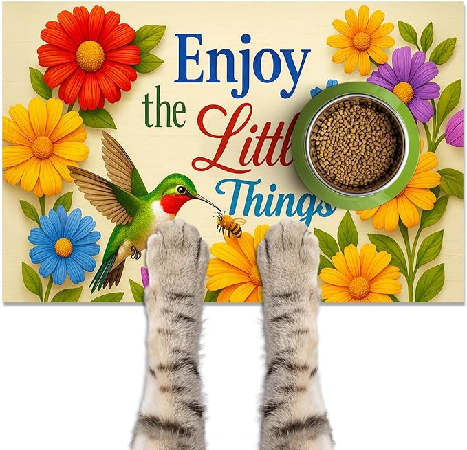 Hummingbird Pet Feeding Mat 24" x 16" Spring Design Non Slip Dog and Cat Bowl Mat Easy Clean Pet Food Mat Absorbable Pet Placemat for Dog and Cat Fast Dry Food Mat for Pet Bowls Cat