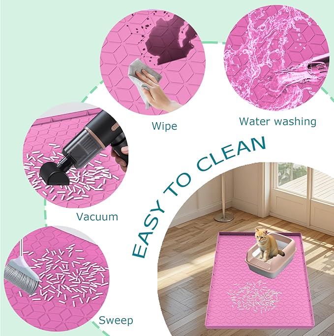 Cat Litter Mat, Silicone Large Cat Mat for Litter Box - 40x28 in, Waterproof & Non-Slip, Durable & Easy Clean, Pink
