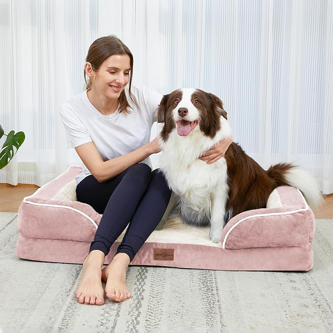 Comfort Expression Orthopedic Dog Bed for Large Dogs 38x25 Inch, Waterproof Supportive Egg Crate Foam Large Pet Bed with Removable Bolsters, Dog Couch with Washable Cover & Non-Slip Bottom, Pink