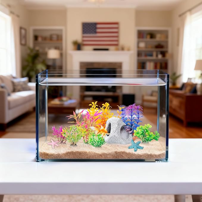 COMSUN 12 PCS Aquarium Decoration Cave Set, Ceramic Fish Tank Hideaway Rock Accessories, Colorful Plastic Aquarium Plants & Resin Starfish, Small Fish Tank Ornaments for Pet Fish to Hideout and Rest