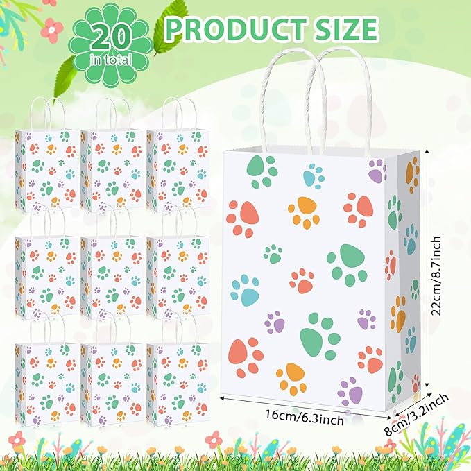 Blulu 20 Pcs Spring Puppy Dog Paw Gift Bags with Handles, Dog Paper Treat Goodie Bags for Animal Pet Party Favors, 6.3 x 3.1 x 8.6 Inch