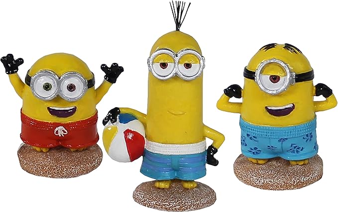 Penn-Plax Minions Officially Licensed 3-Piece Aquarium Ornament Bundle – Includes Kevin, Stuart, and Bob – Beach Themed – Small