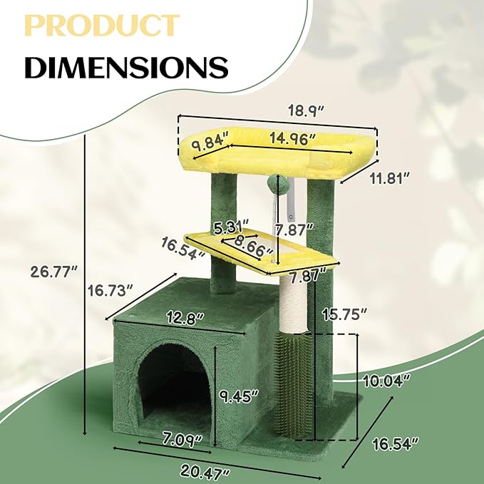 VINGLI Cat Tree, 27 inch Small Cat Tower with Scratching Post and Pad, Cat Condo for Indoor Kittens Padded Top Bed, Cats Indoor Activity Center (Yellow & Green)