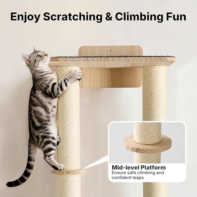Veehoo Cat Wall Shelves, 57" Cat Wall Climber with Dual Sisal Scratching Posts and Carpeted Perch, Cats Wall Scratcher Furniture for Climb, Play and Rest