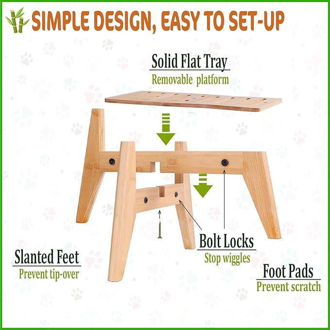 Dog Water Bowl Dispenser Stand - Elevate/Raise Automatic Dog Feeder, Food/Water Dispensers - Adjustable, Fits Various Shapes and Sizes - Natural Bamboo