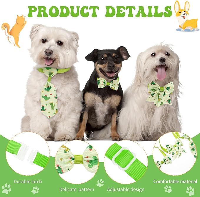 Reginary 100 Pieces Dog Bow Tie Collar Set Include 40 Dog Neckties, and 30 Puppy Bowties, 30 Collar Flowers, Adjustable Pet Ties Grooming for Small Medium Cats Pets Supply(Cactus)