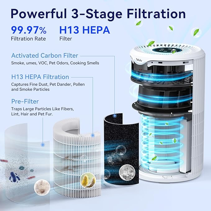 Air Purifiers for Home Large Room Up to 1680 Ft², Tailulu H13 HEPA Air Filter Cleaner, 360° Air Intake & Outlet,Smoke Dust Pollen,15dB Sleep Mode Air Purifiers for Bedroom Living Room, Kitchen, Office