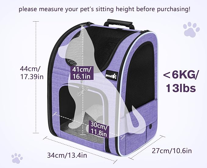 Pecute Cat Backpack Carrier Expandable, Pet Backpack for Cats & Small Dogs Up to 11lbs, with 4-Side Breathable Mesh, Multi-Entry & Lockable Zippers for Travel, Hiking, Camping - Hands Free, Purple