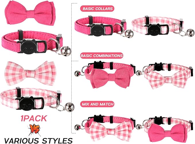 Sliverdew 2 Pcs Kitten Bow Tie Collar with Bell Cute Cat Collar for Girl Boy Cats Breakaway Cat Collars Adjustable Small Puppy Safety Collar Solid Color Plaid Pet Collar (Pink)