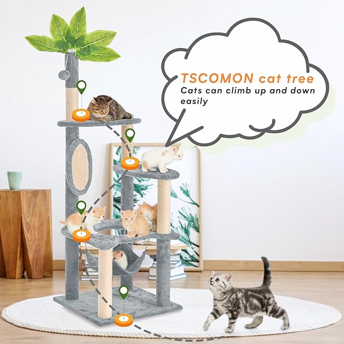 Cat Tree for Indoor Cats, 55 Inch Cat Tower with Rotating Scratching Board, 4 Sisal Posts & Leaf Top Design, Modern Cat Furniture for Multiple Cats (No House), Grey