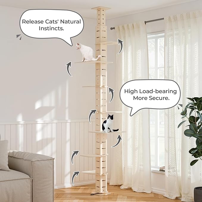 COZIWOW Floor to Ceiling Cat Tree Tower for Indoor Large Cats, 7 Tier Tall Cat Climbing Pole with Adjustable Height (98-114 inches), Modern Climbing Tower, Wood