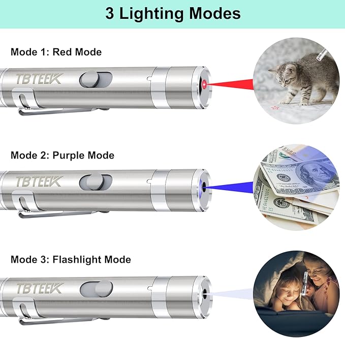 TBTeek Cat Toys, Rechargeable, 3 Light Modes & 5 Adjustable Patterns, Portable Interactive Kitten Pet Dog Cat Mouse Toy for Fun Chase Play Exercise（3 Pack）