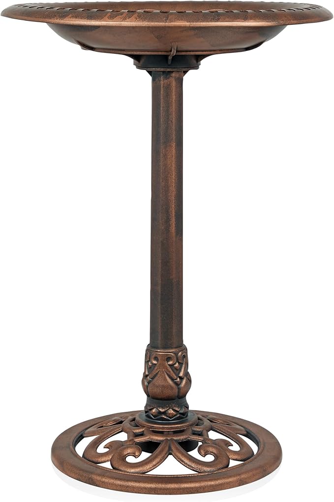 Alpine Corporation | 28" Bronze Outdoor Pedestal Birdbath with Scrollwork Base and Ground Stakes — Elegant Garden Décor, Durable Weather-Resistant Design for Lawn, Patio, or Yard