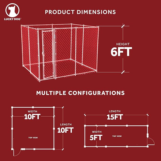 Lucky Dog 10' x 10' x 6' Heavy Duty Outdoor Welded Galvanized Steel Chain Link Dog Kennel Enclosure with 2 Configurations and Latching Door, Silver