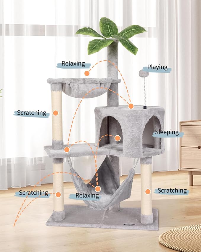 KIYUMI Cat Tree Cat Tower Condo with Sisal Scratching Post for Indoor Cats Tree Furniture with Hammock Perch and Kitten Ball Toys, Multi-Level Pet Activity Center (Grey)