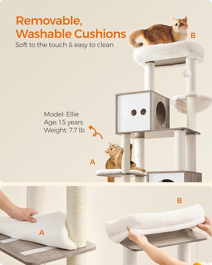 Feandrea Cat Tree with Litter Box Enclosure, 70.1-Inch Tall Cat Tower, 2-in-1 Modern Condo with Scratching Posts, Perch, Caves, Basket, Washable Cushion, Heather Greige UPCT116G01