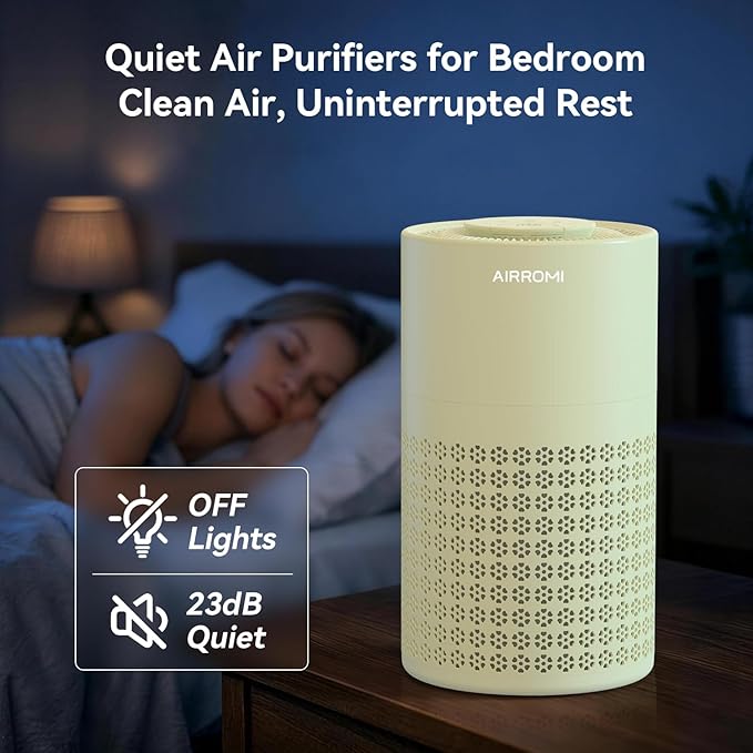 AIRROMI Air Purifier for Bedroom with HEPA Fet Filters, Pet Air Purifiers for Home Cat Pee Smell, Covers Up to 990Ft², Quiet 360° intake Air Cleaner for Allergies Dust Smoke Odor A2001 Yellow