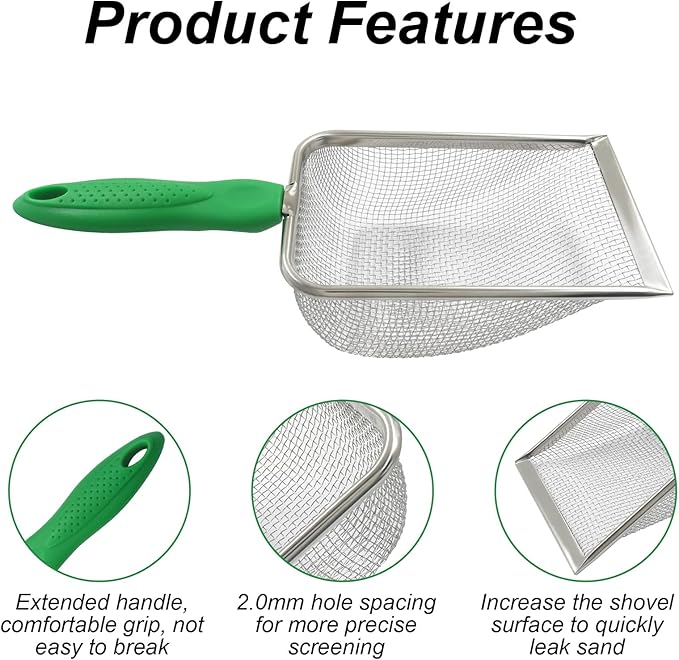 Murtenze Stainless Steel Cat Litter Scoop, Non-Stick Coated Metal Fine Sand Litter Scoop, Mesh Shovel for Reptile Kitten Pooper (Green, 2mm mesh)