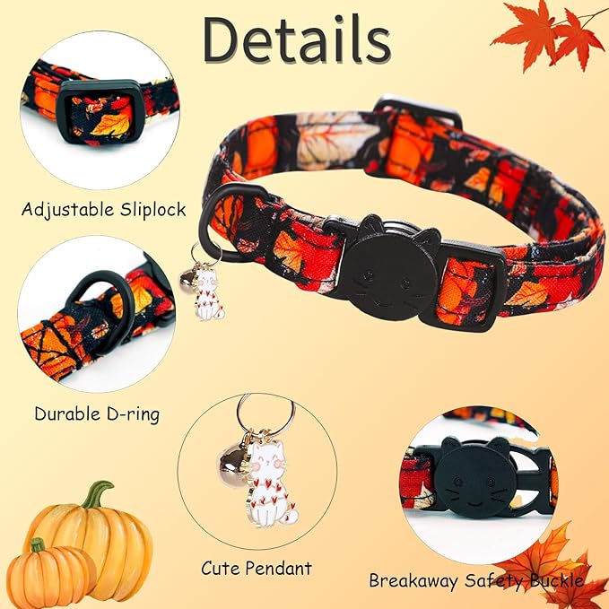 Fall Cat Collar-2 Pack Holiday Cat Collars Pumpkin Print Breakaway with Kitten and Bell Pendant Safety Buckle Pet Collar Cute Cotton Collar for Cats and Small Pets Gift
