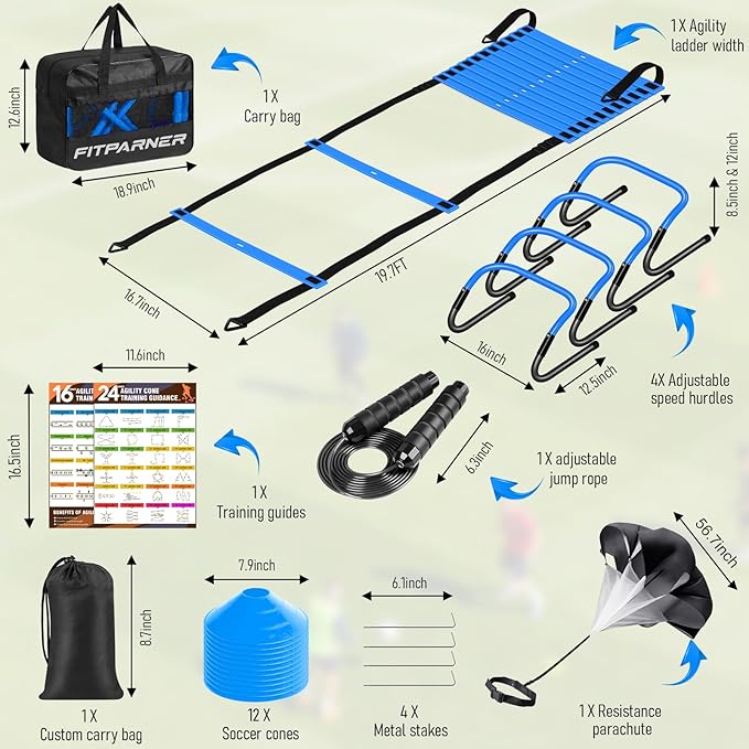 Agility Ladder, Soccer Football Training Equipment Set - 20ft Speed Ladder, 4 Hurdles,Parachute, 12 Cones & Jump Rope | Agility & Speed Training for Kids Youth Adults,Basketball & Football Accessories