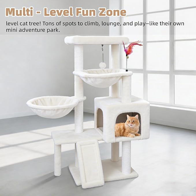 Cat Tree with Cat Condo and Two Hammocks, Cat Tree with Scratching Posts and Scratching Pads, Cat Tower for Indoor Cats, Activity Centre Climbing Tree with Playful Toy Balls, Beige