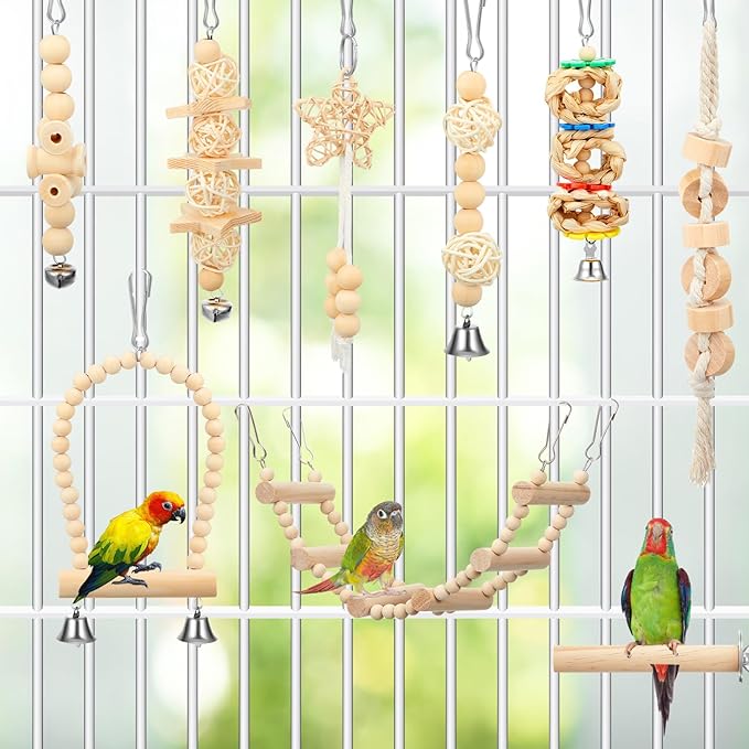 10 Pcs Bird Toys for Parakeets Cage Accessories Parrot Swing Toys and Wooden Perches Platform with Climbing Ladder for Chewing Standing Hanging Swinging Training Budgerigar Conure Cockatiel Finches