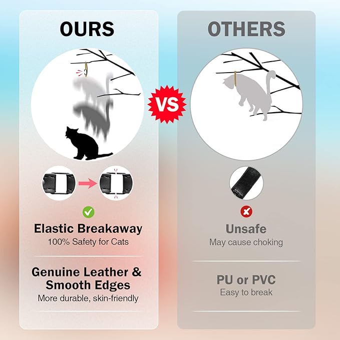 Leather Cat Collars for Boy Girl Cats with Bell and Safety Elastic Belt, Personalized Rivets Stud Adjustable Safe Buckle Collar with Skull Charm for Kitty Small Pets, Black