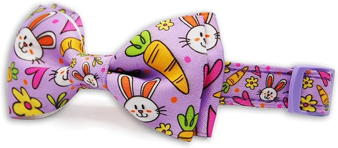 Easter Dog Collar with Bow Tie Set, Adjustable Purple Bunny and Carrot Pattern Pet Collar, Cute Spring Flower Holiday Neckwear for Small, Medium, and Large Dogs